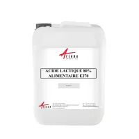 Bidon d’acide lactique 80% (E270) alimentaire et technique, utilisé en chimie, cosmétique et industrie.