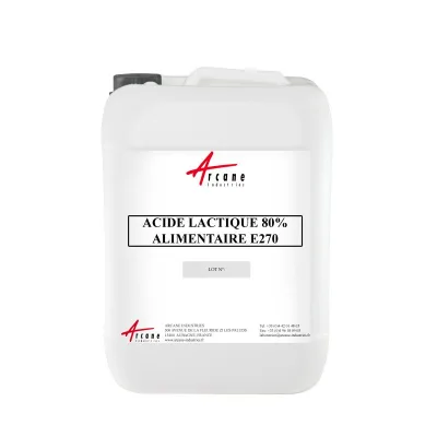 Bidon d’acide lactique 80% (E270) alimentaire et technique, utilisé en chimie, cosmétique et industrie.