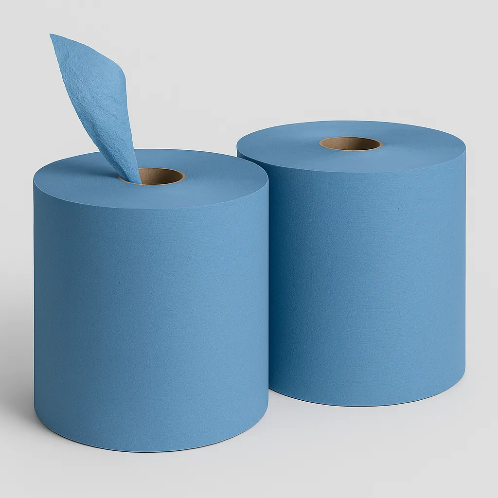 Bobines d’essuyage industrielles bleues MP Hygiene 3 plis, 1000 formats. Pure ouate, ultra-absorbante, écolabel, contact alimentaire. Lot de 2 rouleaux pour usage pro intensif.